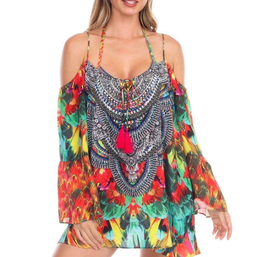 La Moda Macaw Cold Shoulder Mini Dress Swim Coverup